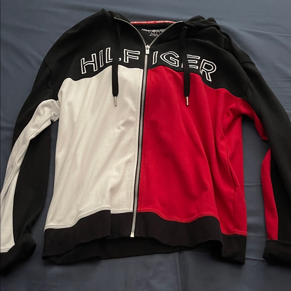 Tommy Hilfiger Red, White, and Black Color Block Hoodie